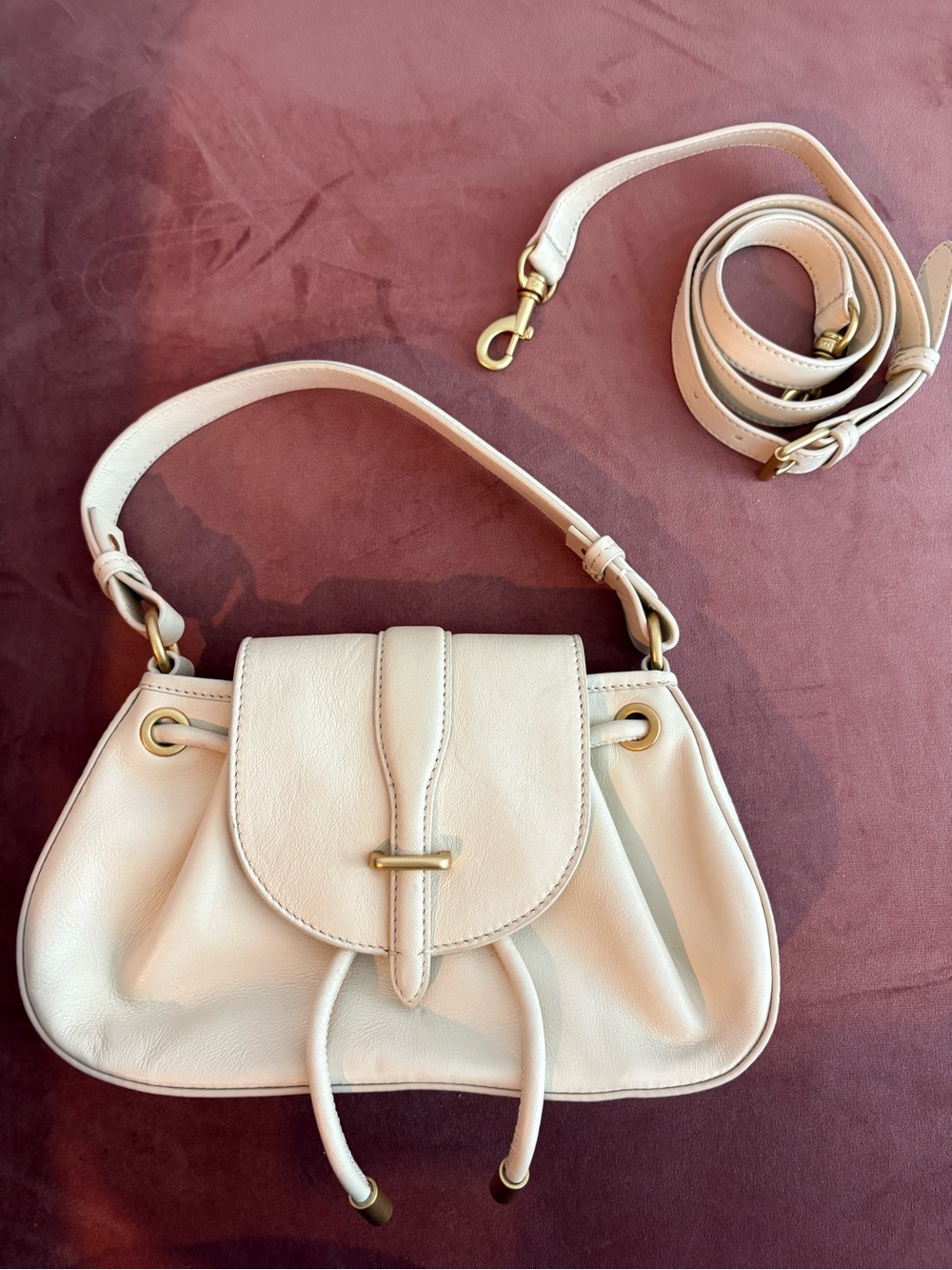 Cream Leather Shoulder Bag with Detachable Strap